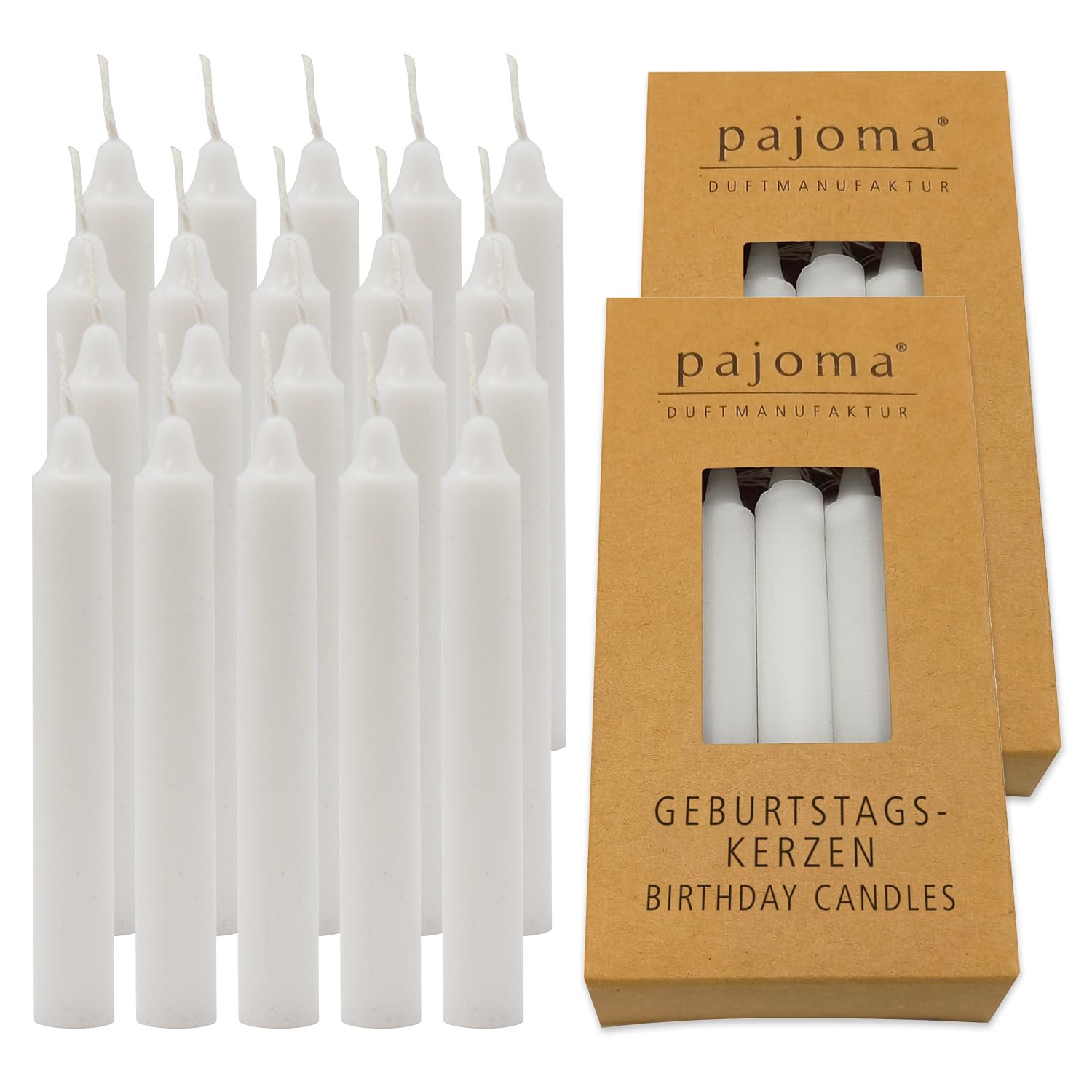 Pajoma® - 20 Candele Di Compleanno Bianche A Punta, Lunghe 95 Mm - Durata 1 Ora, Cera Di Alta Qualità Senza Fuliggine