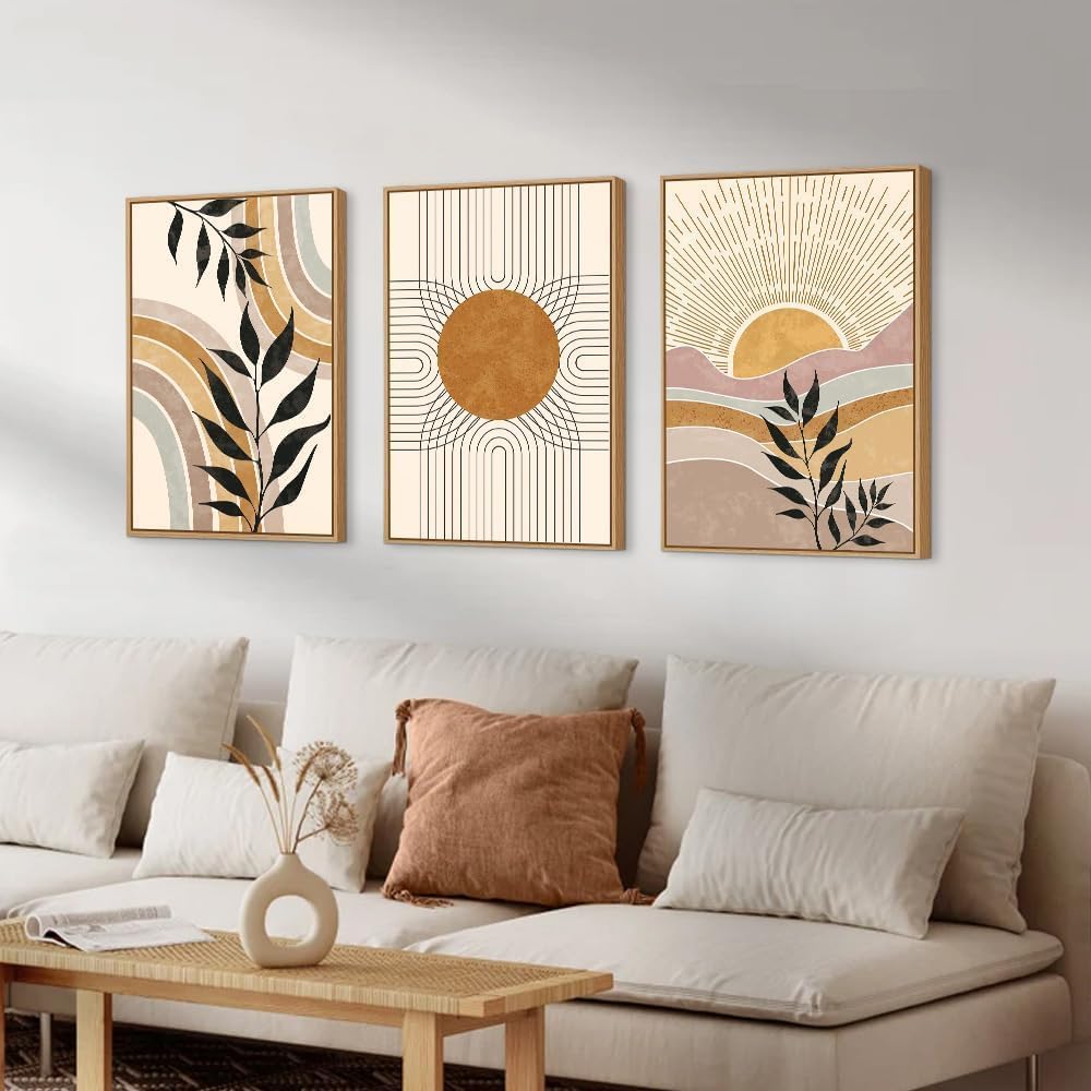TOARTi Boho Framed Canvas Wall Art Prints,Set of 3 Mid Century Modern Wall Decor,Nature Plants Desert Sun Art Paintings,Bohemian Artwork for Living Room,Bedroom,Dining Room,Office - 16x24inchx3 — view 5