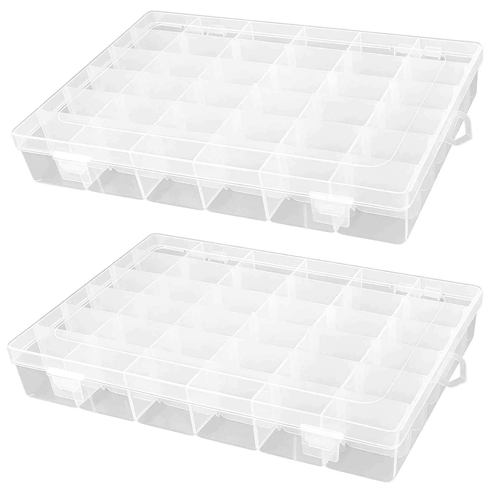 2 Pcs 36 Grid Plastic Craft Storage Box with Removable Adjustable Dividers, Transparent Organizer Container with Secure Buckle Lids, Dustproof for Beads, Jewelry, Small Parts, 10.8 x 7.0 x 1.8 in
