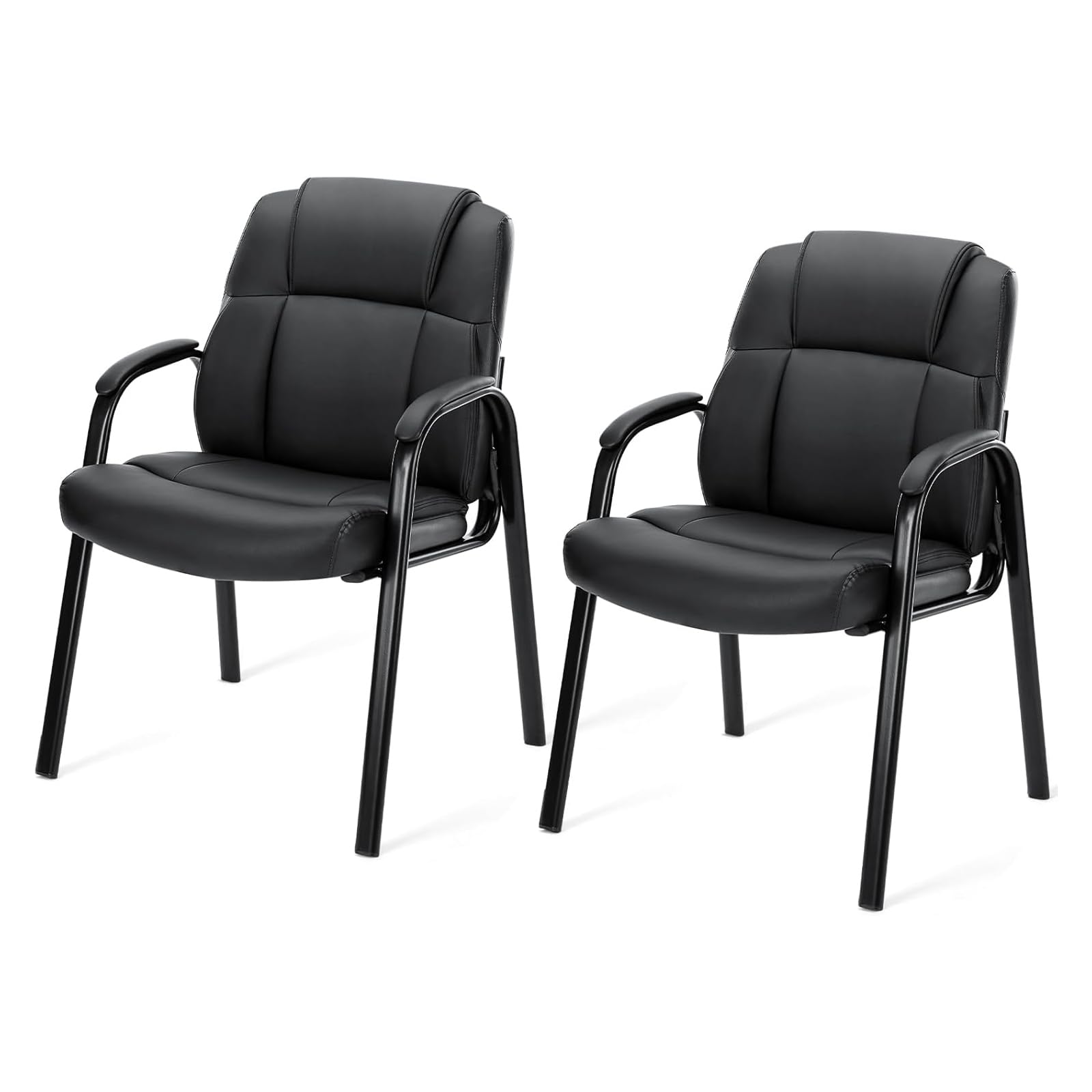 DUMOS Leather Office Reception Guest Chair with Padded Arms Set of 2 - Waiting Room Chairs No Wheels for Conference Room Lobby Side, Black
