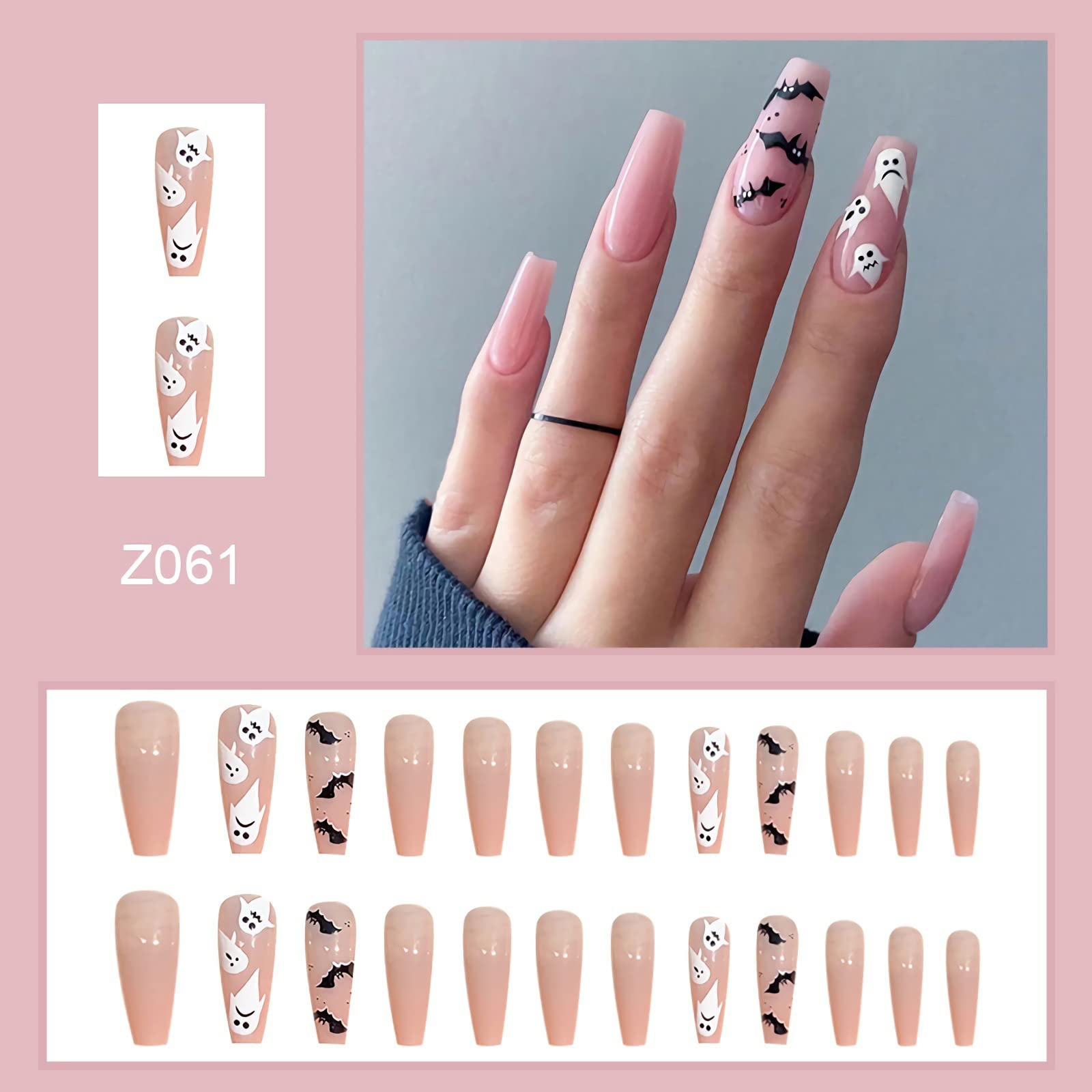24 Pcs Halloween Press on Nails Long, Acrylic Ballet Fake Nails for Women, Halloween Glue on Nails with Designs (Ghost and Bat)