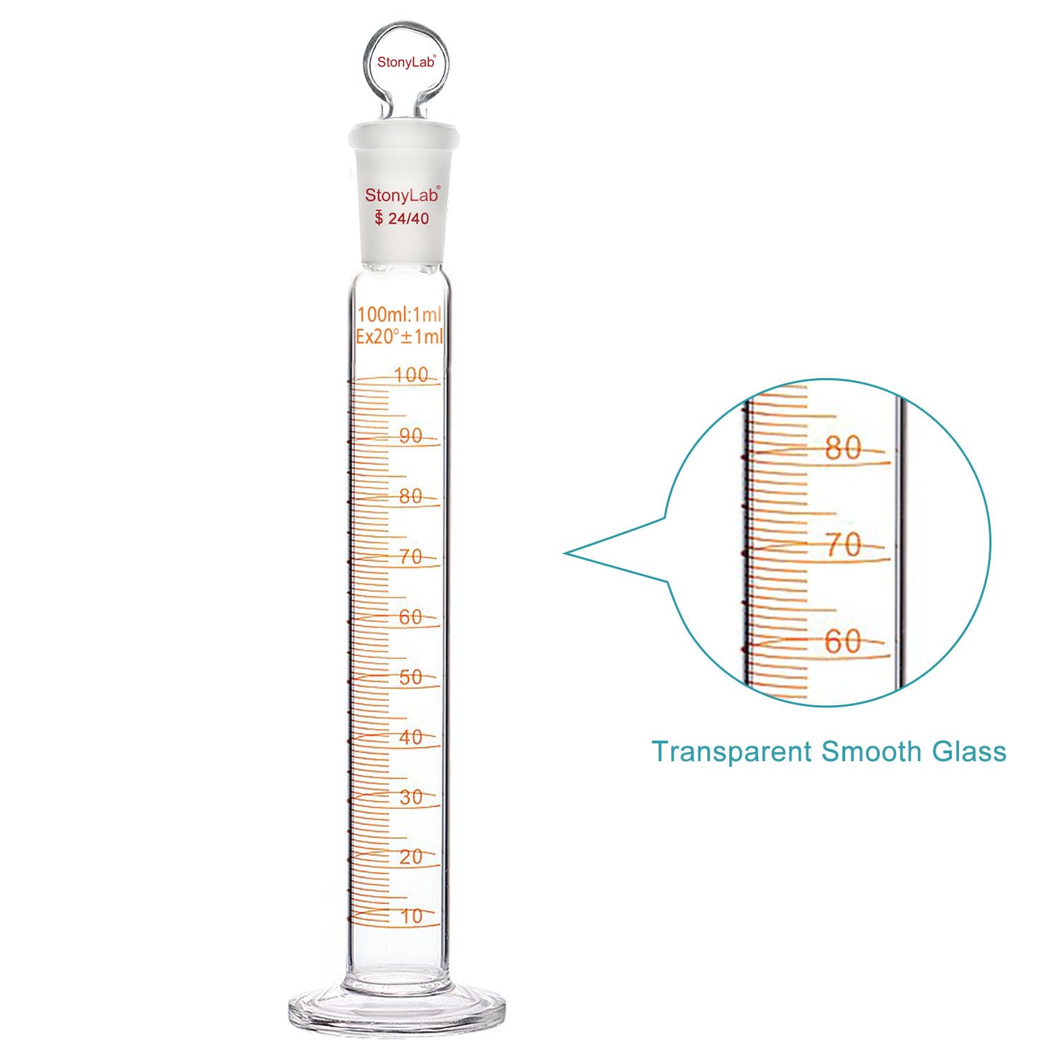 stonylab Measuring Cylinder with Stopper, 100 ml Heavy Wall Borosilicate Glass Measuring Graduated Cylinder with 24/40 Standard Ground Joint and Flat Head Stopper, 1 Pack — Amazon image 3