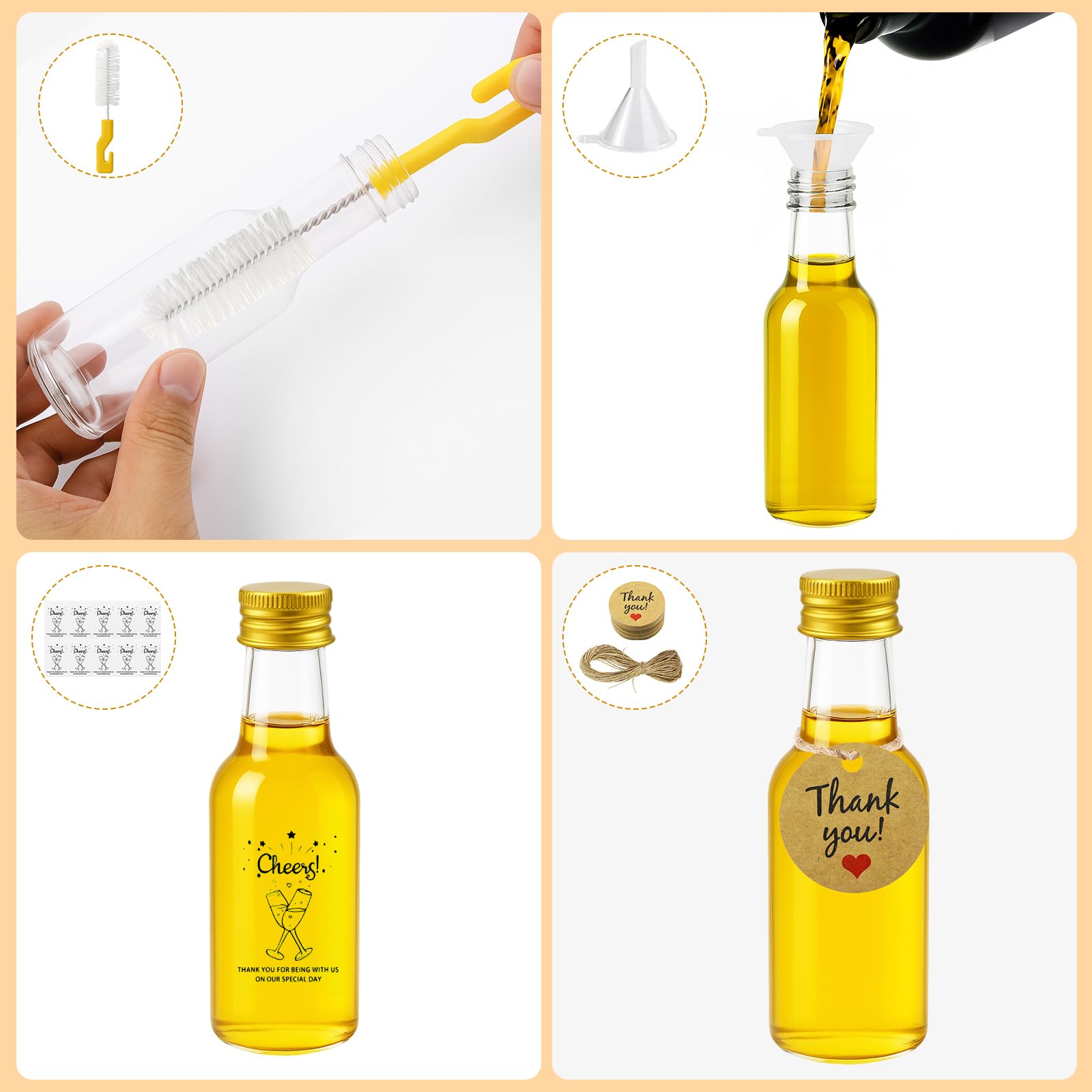 46 Pezzi Mini Bottiglie per Liquore 25ml, Mini Bottiglie Alcolici di Plastica, Riutilizzabile Bottiglie da Riempire Trasparenti con Tappi, Etichette, Spago, Imbuto, per Matrimoni Feste