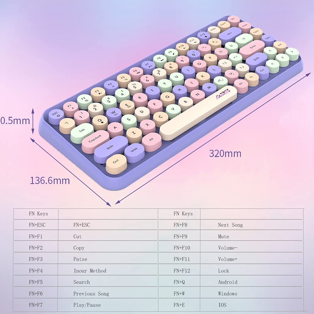 FELiCON 308i Bezprzewodowa klawiatura Retro, Cicha Urocza Klawiatura Komputerowa Bluetooth z Compact 84 Klawiszami, lekka, Matowa Tekstura, Konstrukcja Maszyny do Pisania na PC/Laptop/Mac-Mixed Purple