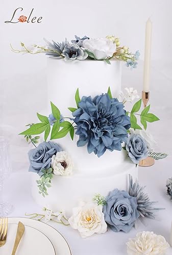 Miniatura 3 de LELEE Combinación de flores artificiales de color azul polvoriento, mezcla de flores de seda, rosas de dalia con tallos para ramos de novia, baby