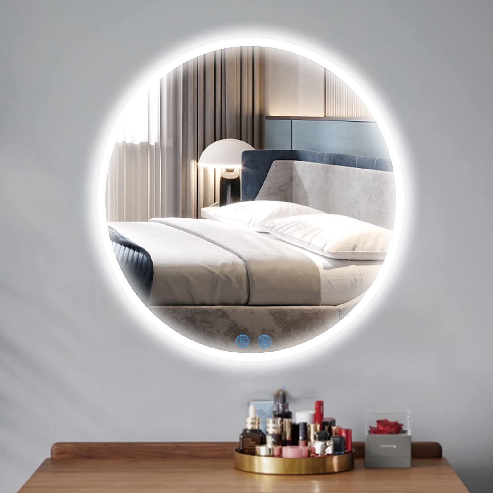 KYHOMY 50CM Round Bathroom LED Mirror Illuminated Backlit Bathroom Mirror Dimmable Makeup Vanity Mirror Anti-Fog Wall Mounted Touch Switch Color Change Demister IP44