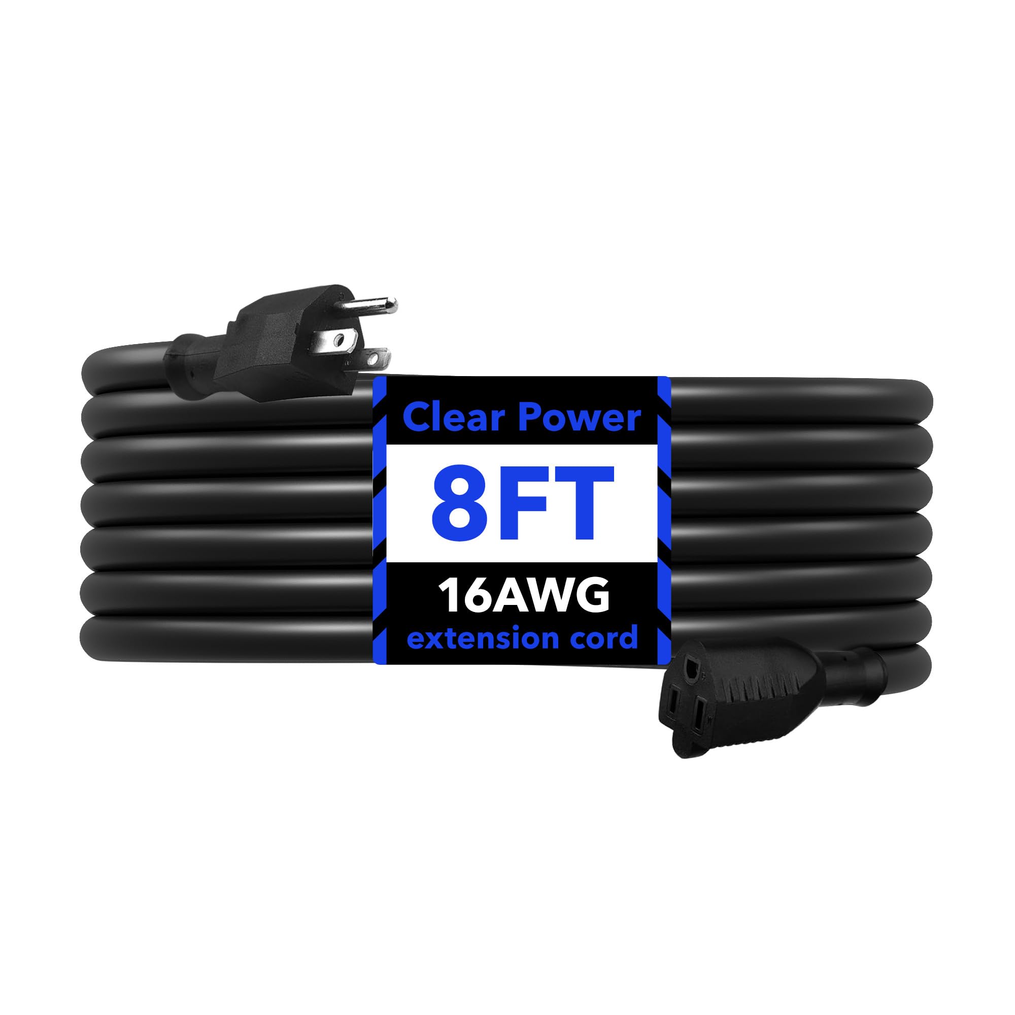 Clear Power 8 ft Extension Cord - 16/3 SJTW, Black Waterproof, Weather Resistant, Flame Retardant, 3-Prong Grounded Plug for Safe and Reliable Use -