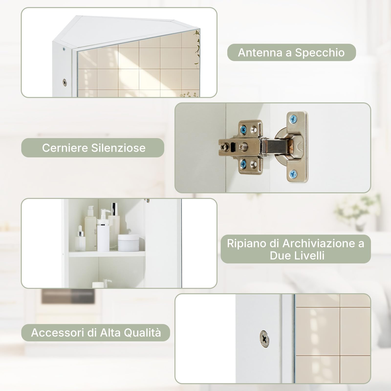 LEMROE Armadio con Specchio Angolare da Bagno - Mobile da Toilette a Muro con 2 Ripiani, Design Compatto, in MDF Resistente all'Umidità, 30 x 24 x 60 cm