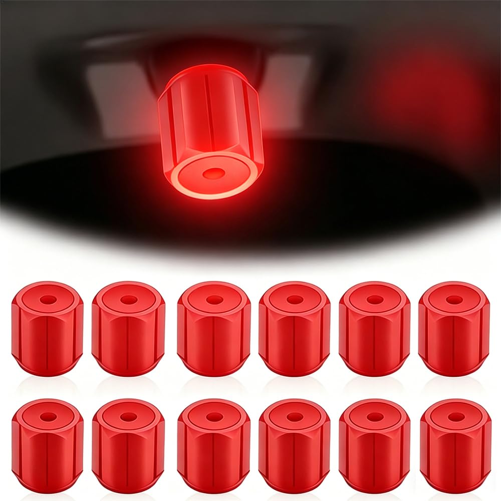 12 Stück Auto Leuchtende Ventilkappen Auto, Universelle Fluoreszierende Reifenventilkappen, Ventilschaftabdeckung Leuchtend für Auto SUV Fahrrad Motorrad (Rot)