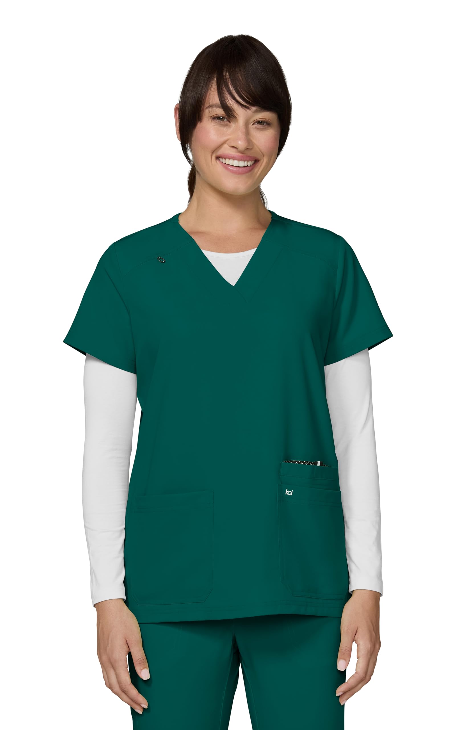 KOI Next Gen Women's 3 Pocket Hustle and Heart V-Neck Scrub Top, 4-Way Stretch, Hunter, XL