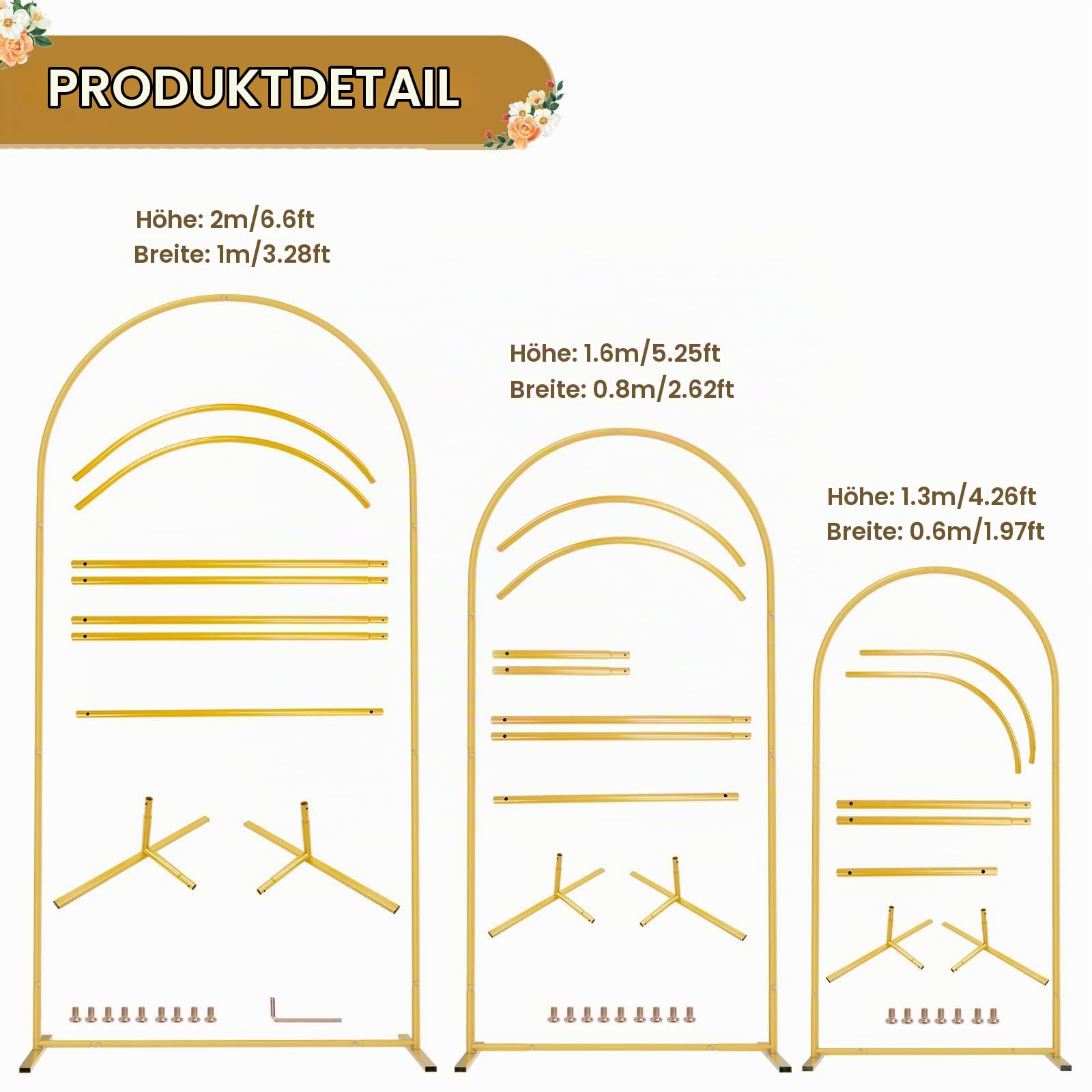 PlusFive Hochzeitsbogen Set 1,3m&1,6m&2,0m 3 Stück Hochzeitsbogen Gestell Gold Wedding Arch Traubogen Metallbogen-Hintergrundständer für Hochzeit Geburtstag Party Ballonbogen Zeremonie Dekoration
