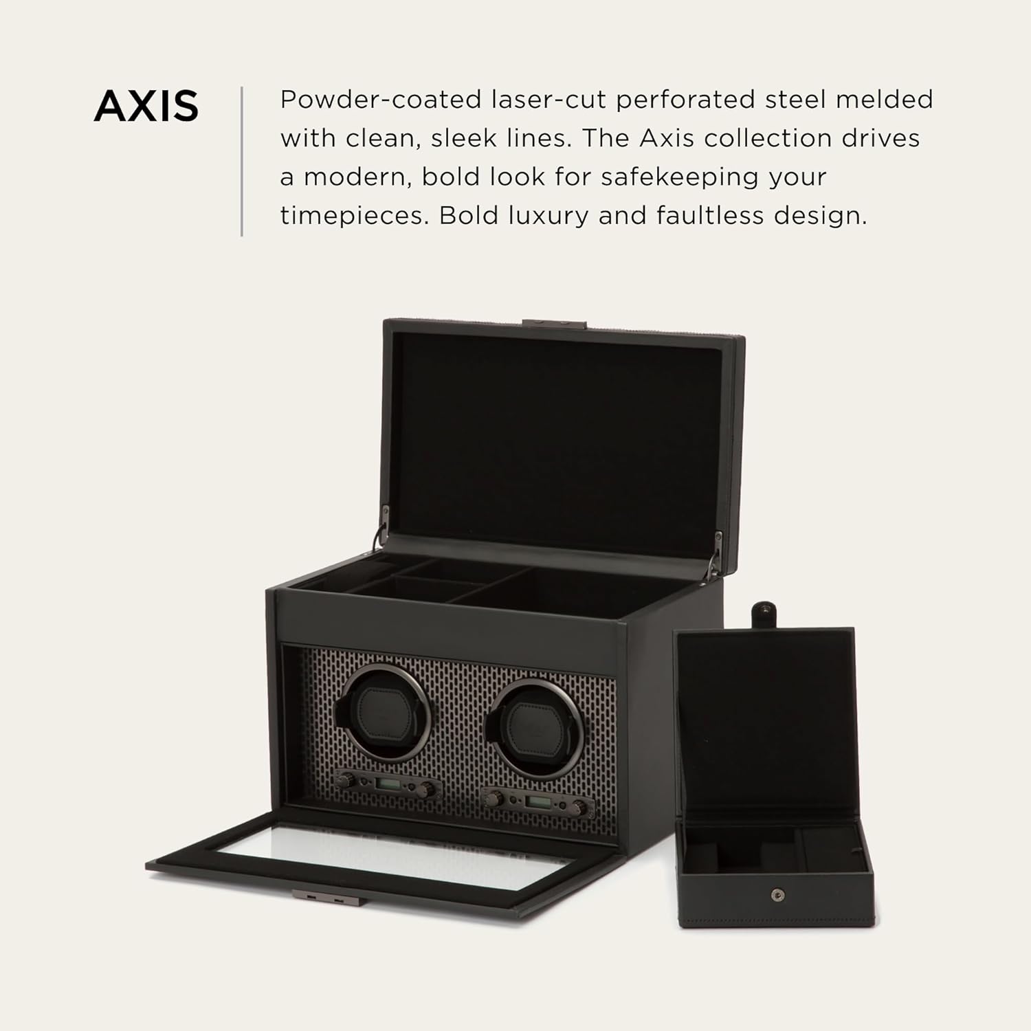 Wolf Axis Watch Winder with Storage - Secure Fit with Patented Lock-in Dynamic Cuff - Accommodates All Wrist Sizes - Vegan Leather - Includes Universal Adapter
