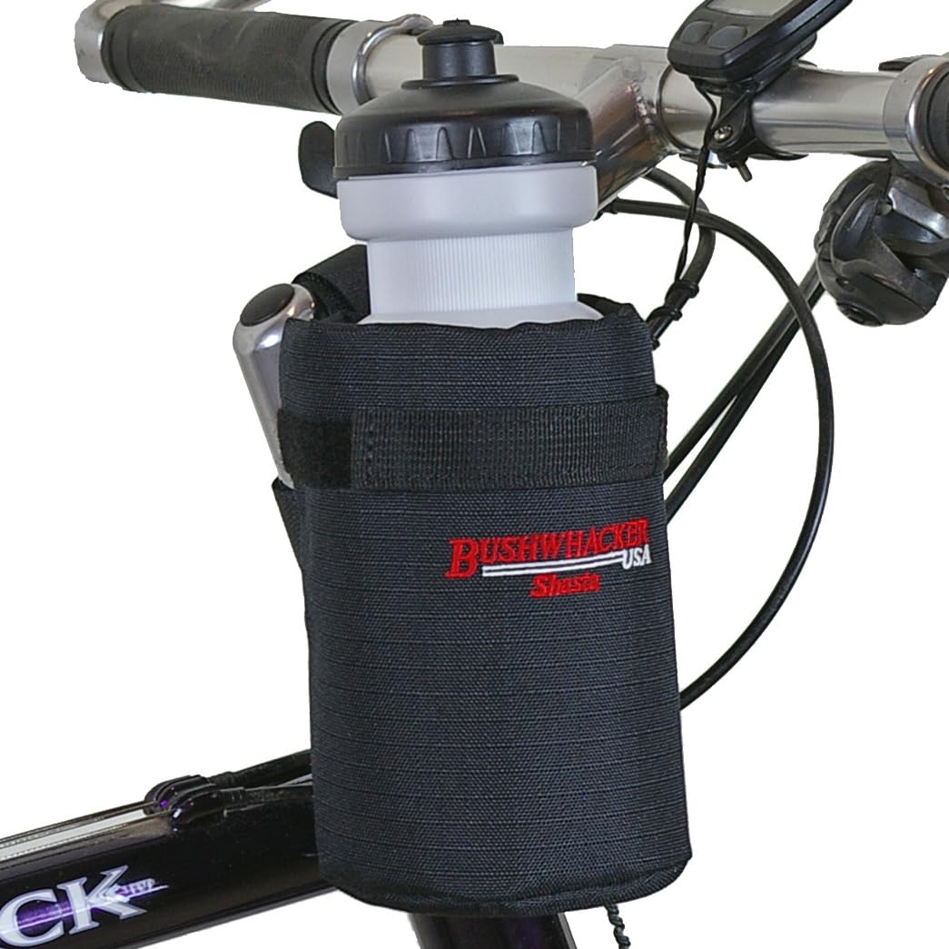 Bushwhacker Shasta Black Insulated Bicycle Water Bottle Holder with 20oz BPA-Free – Great for Kids Bikes Frame Handlebar Drink Cup Strap Hydration Attachment Belt Loop No Screws Hardware Required