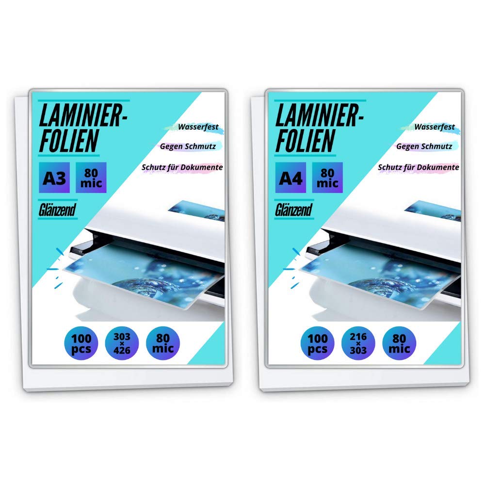PREMIUM Laminierfolien Sparkombi - 2x100 Stück DIN A3/A4 glänzend - 1x100 Stück A3 & 1x100 Stück A4… (2x250 Micron [500 Micron])