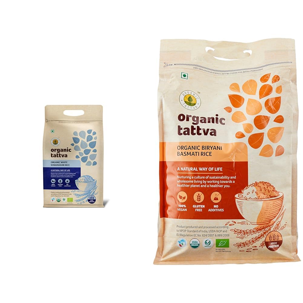 Organic Sonamasuri Raw Rice, 5KG | Source of Protein| Naturally Gluten Free | Pesticide and Chemical Free & Organic Tattva, Organic Biryani Basmati Gluten Free and Unpolished Rice, 5Kg