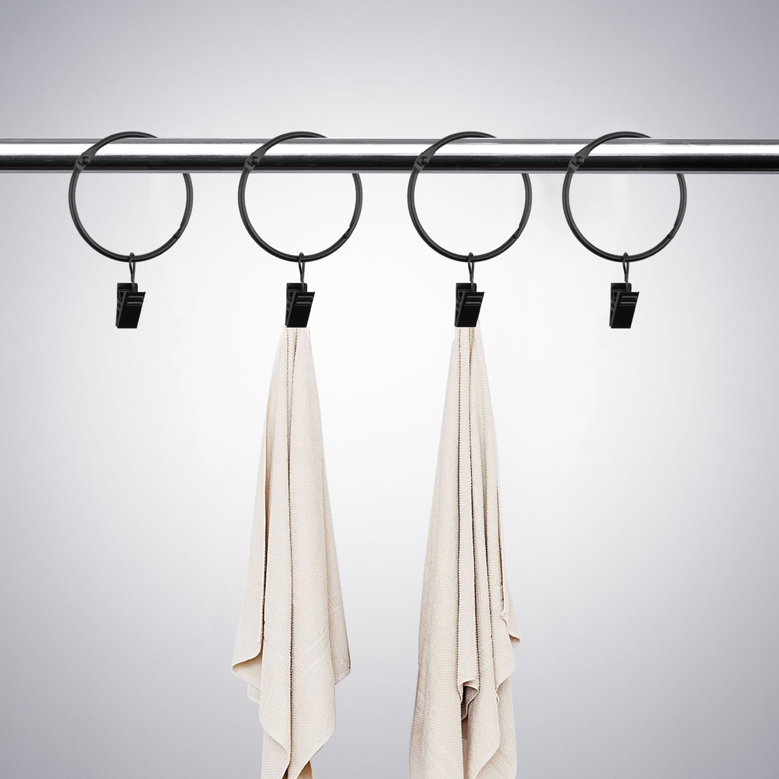 Lot de 80 anneaux de rideaux noirs de 3,8 cm avec clips, anneaux de tringle à rideaux ouverts en métal avec crochets, crochets antirouille pour chambre à coucher, salon, salle de bain