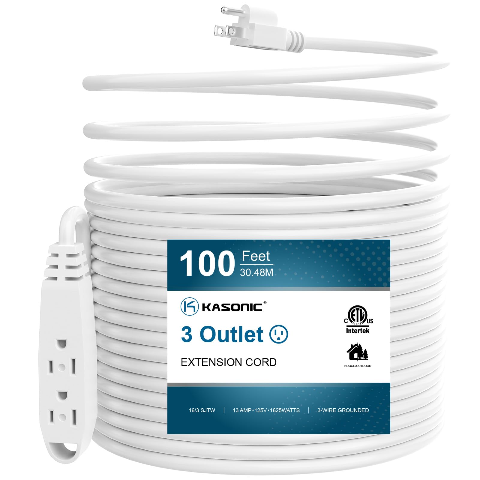 K KASONIC - 100-Feet 3 Outlet Extension Cord, ETL/UL Listed, 16/3 SJTW 3-Wire Grounded, 10 Amp 125 V 1625 Watts, Multi-Outlet Indoor/Outdoor Use,