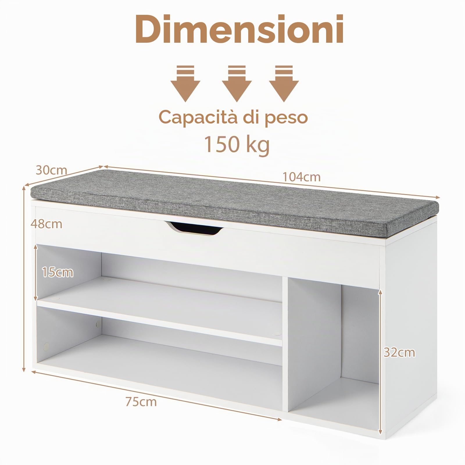 HOMASIS Scarpiera con Seduta Imbottita, Cassapanca Contenitore da Interno in Legno, Scaffale Portascarpe con 3 Scomparti e Cassetto per Ingresso, Corridoio, 104 x 30 x 48 cm (Grigio e Bianco)