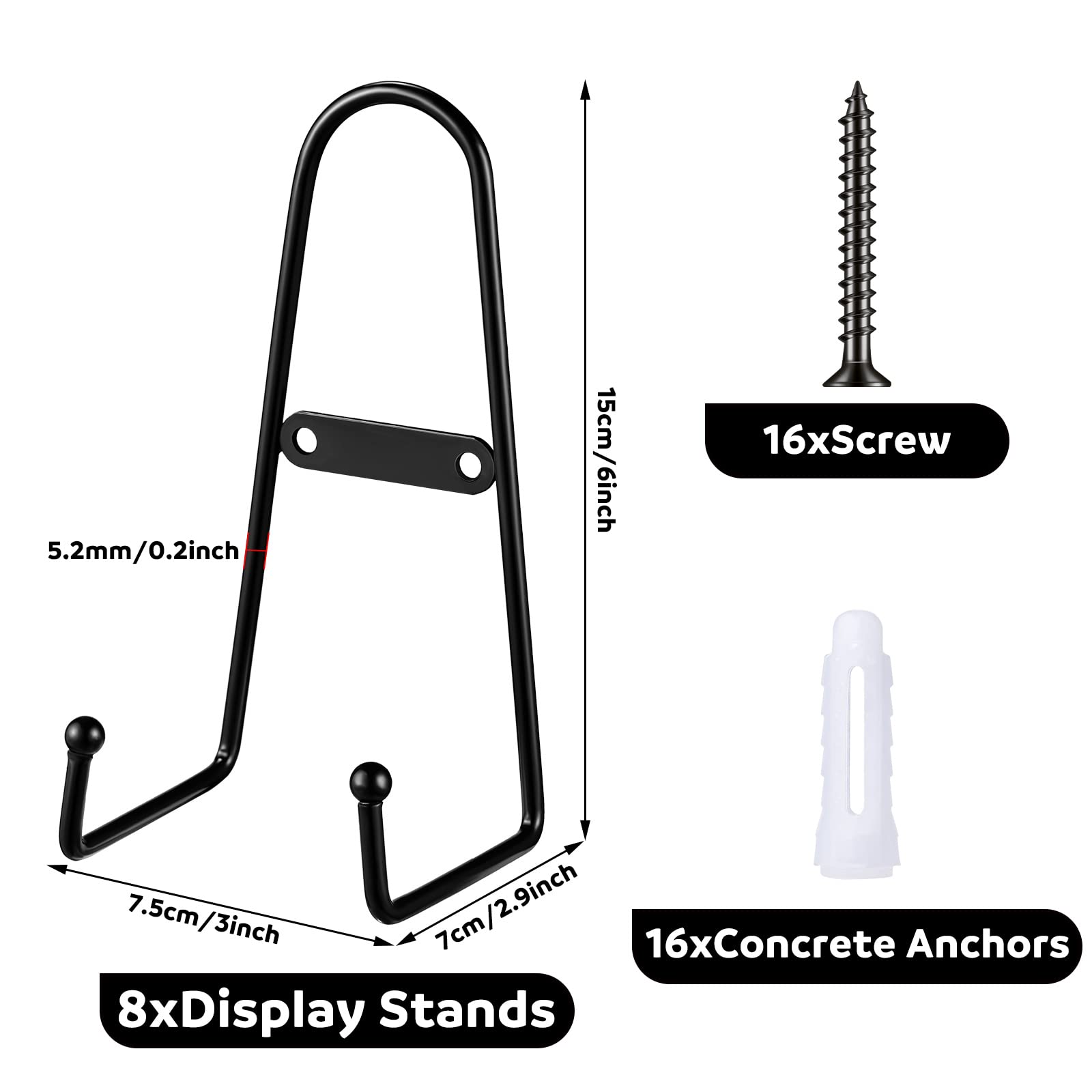 8 Pcs Metal Wall Mount Plate Display Stands Medium Black Easel Plate Hangers Vertical Stand Holders Picture Frame Stand Rack for Decorative Book Platter Arts(6 Inch)