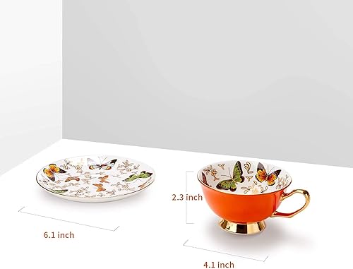 Miniatura 3 de LURRIER Juego de 4 tazas de café con platillo para café con leche, té capuchino con mariposas de 6.8 onzas de porcelana fina, apta para