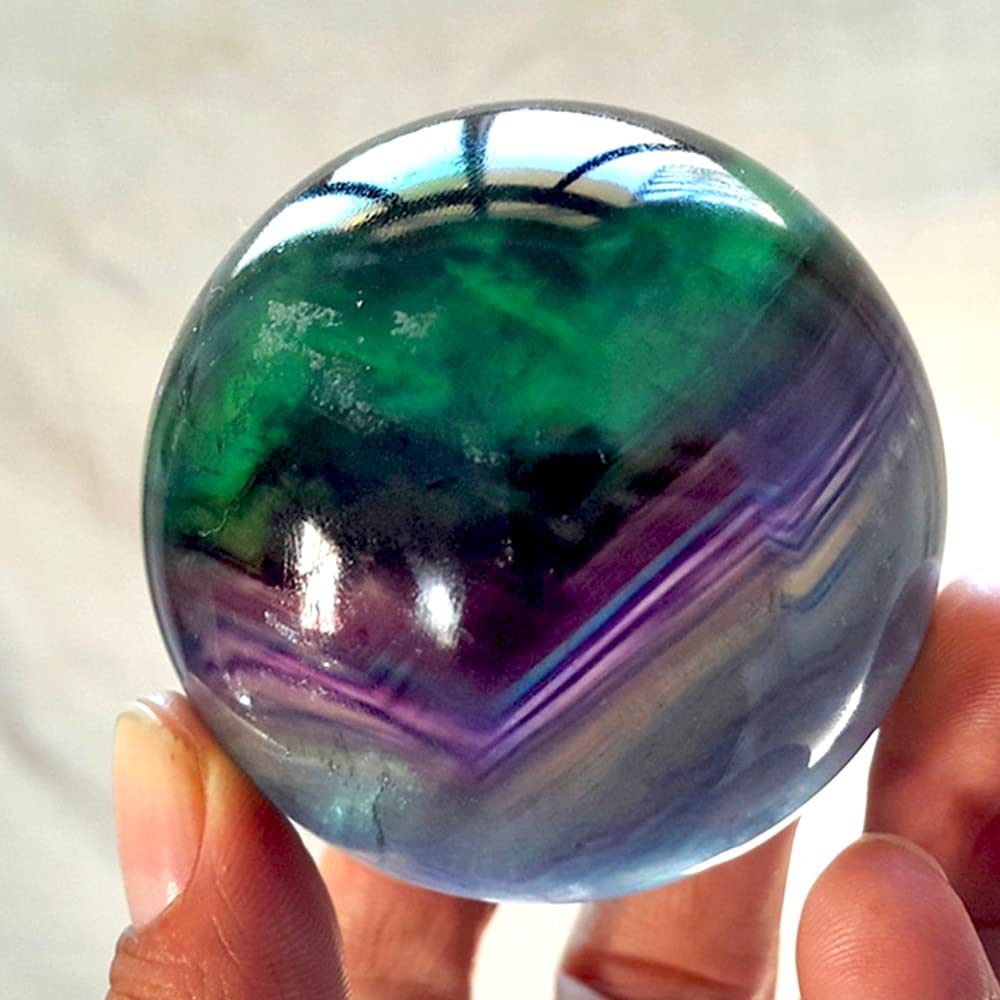 MDYSC Natural Rainbow Fluorite Yellow Calcite Quartz Sphere White Crystal Ball Reiki Healing Ornament (Fluorite Ball 4-5cm)