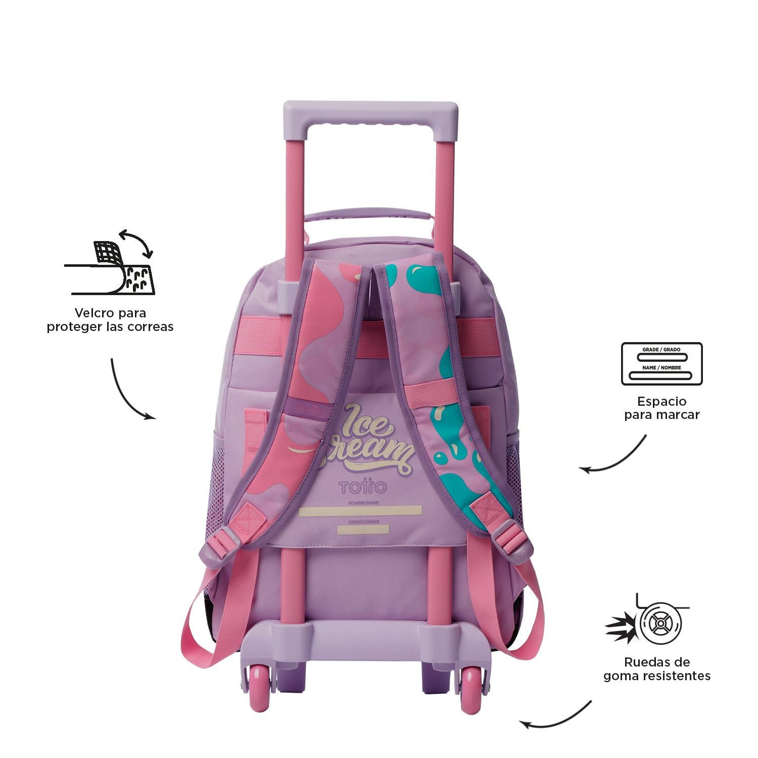 TOTTO - Mochila Escolar con Ruedas, Modelo Ice Pop, 2 Compartimentos, 2 Bolsillos Botella, Protección en la Base, Cómodas Correas Ajustables, Color Rosa