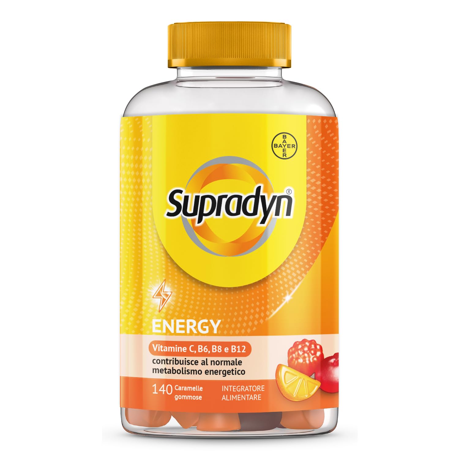 Supradyn Energy Multivitaminico Caramelle, Integratore Multivitaminico Completo, con Vitamine A, B, C, D, E e Coenzima Q10, 140 Caramelle Gommose Multivitaminiche Gusto Ciliegia, Lampone e Arancia