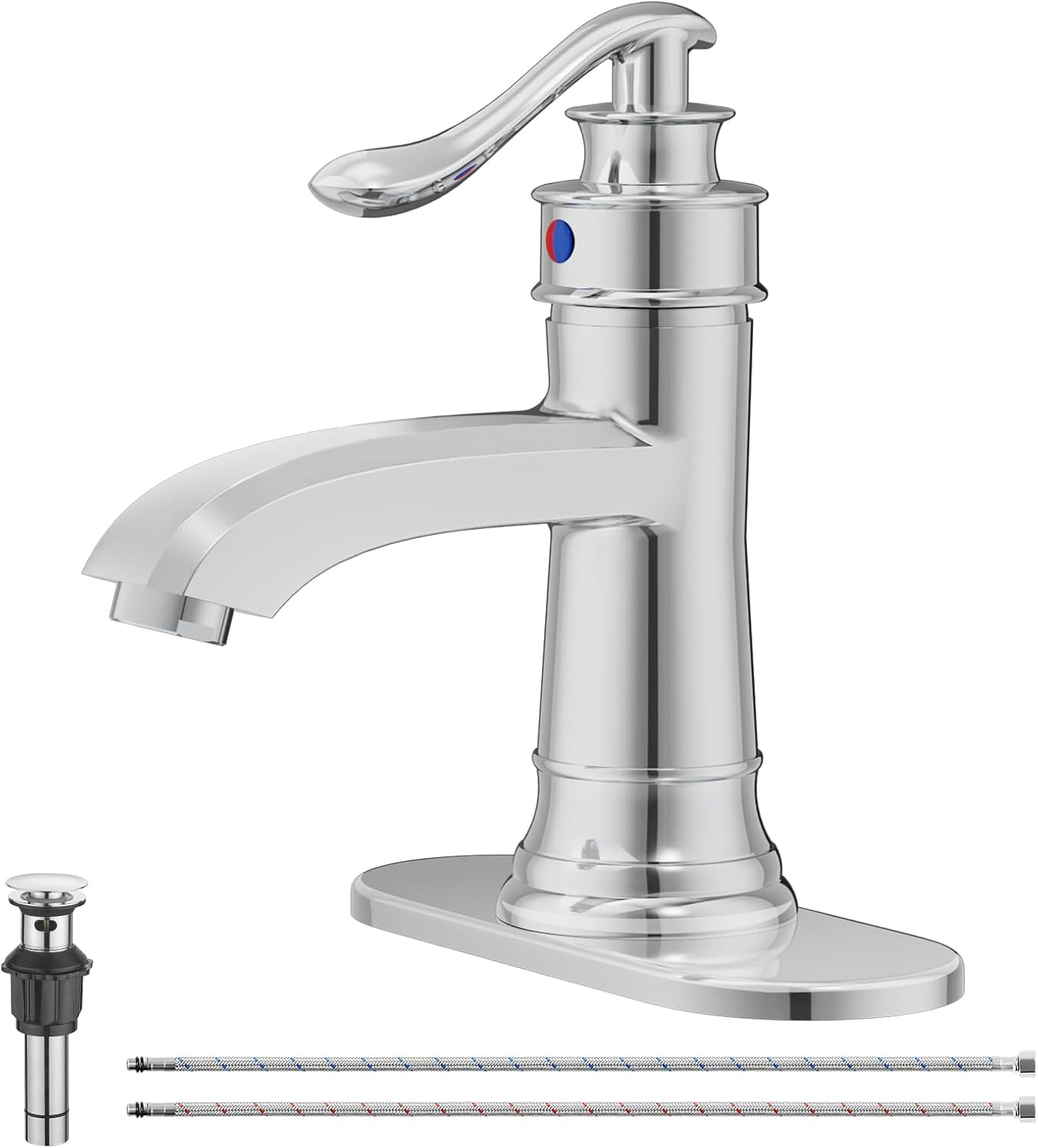 Chrome Bathroom Faucet, Bathroom Sink Faucet 1 Hole, Single Hole Bathroom Faucet, Single Handle Farmhouse Vanity Lavatory RV with Pop Up Drain with Overflow