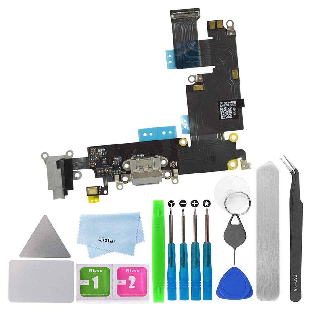 Replacement Charging Charger Port USB Connector Dock Microphone Headphone Audio Jack Ribbon Flex Cable + Repair Tools for iPhone 6 Plus 5.5 (Gray)