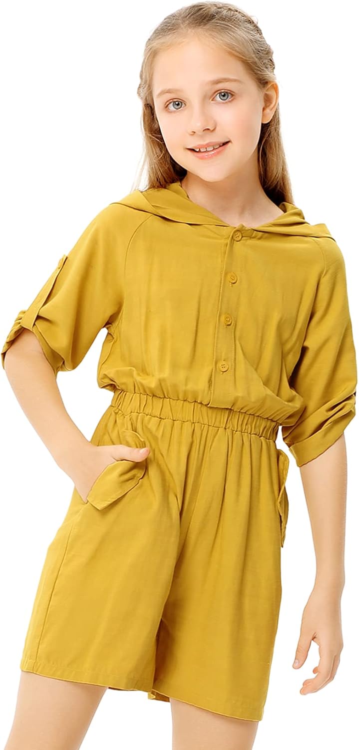 LIONJIE Enterizo de verano para niñas con pantalones cortos sin mangas con volantes, cuello en V con capucha y bolsillos laterales para niños