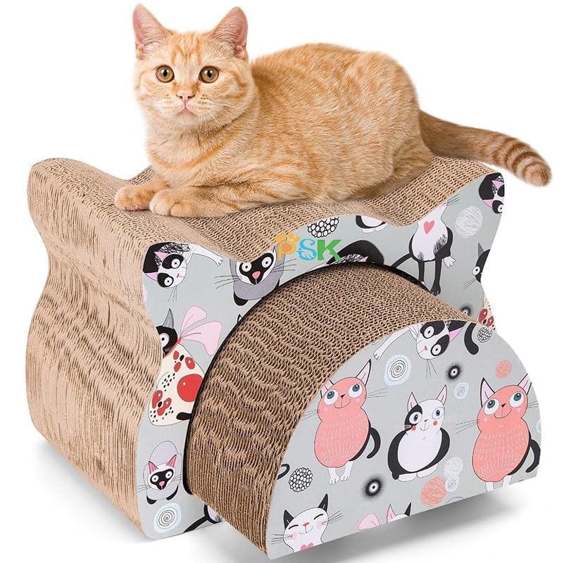 PSK PET MART Cat Scratcher Cardboard - 2 in 1 Reversible Scratching Pad, Recyclable Corrugated Scratch Toy With Cat-Head Shape, Lounge for Furniture Protection (Brown, Cat Face)