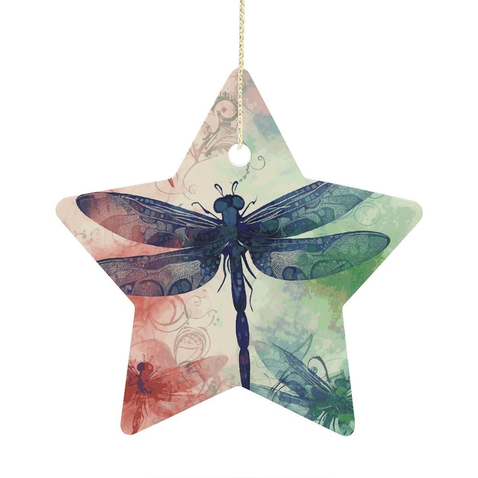 Modern Dragonfly Stars Ornaments Ceramic Christmas Tree Hanging Light in Weight Christmas Star Pendants Funny Double-Sided Printed Xmas Ornaments for Gifts
