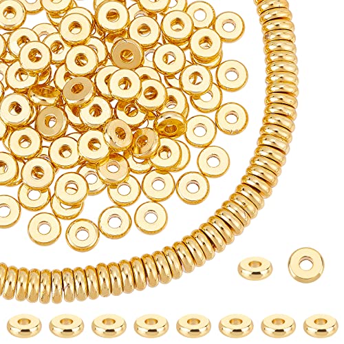 PH PandaHall 150pcs 6mm 18K Gold Plated Beads Flat Heishi Spacer Beads Disc Loose Bead Brass Flat Round Metal Bead for Summer Stackable Bracelet Necklace Jewelry Making