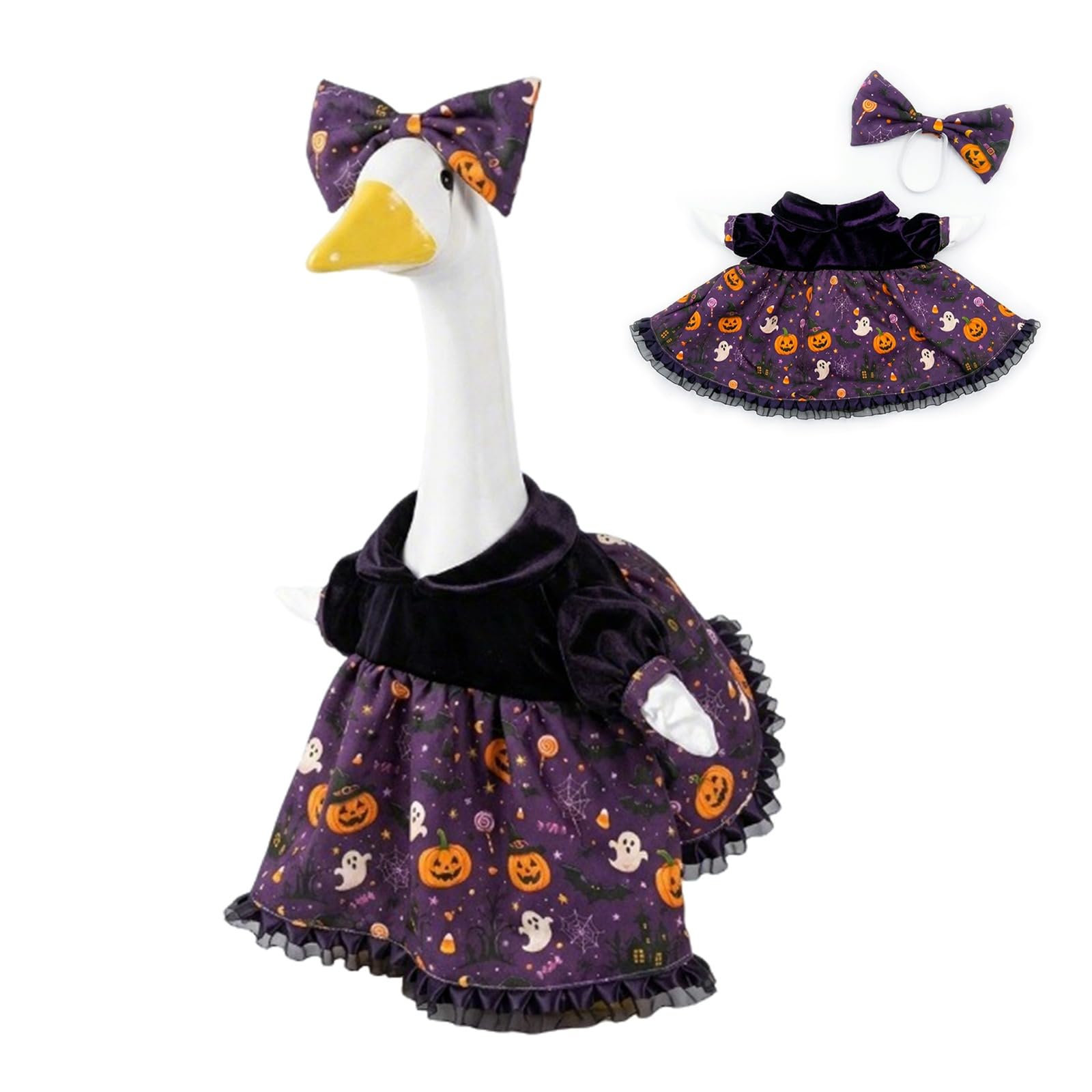 JHUAJISFC Purple Velvet Halloween Large Porch Goose Outfits for 23" Lawn Goose Statue Decor - Witch Costume Skirt and Bow Set - Fall Outdoor Garden Holiday Decor
