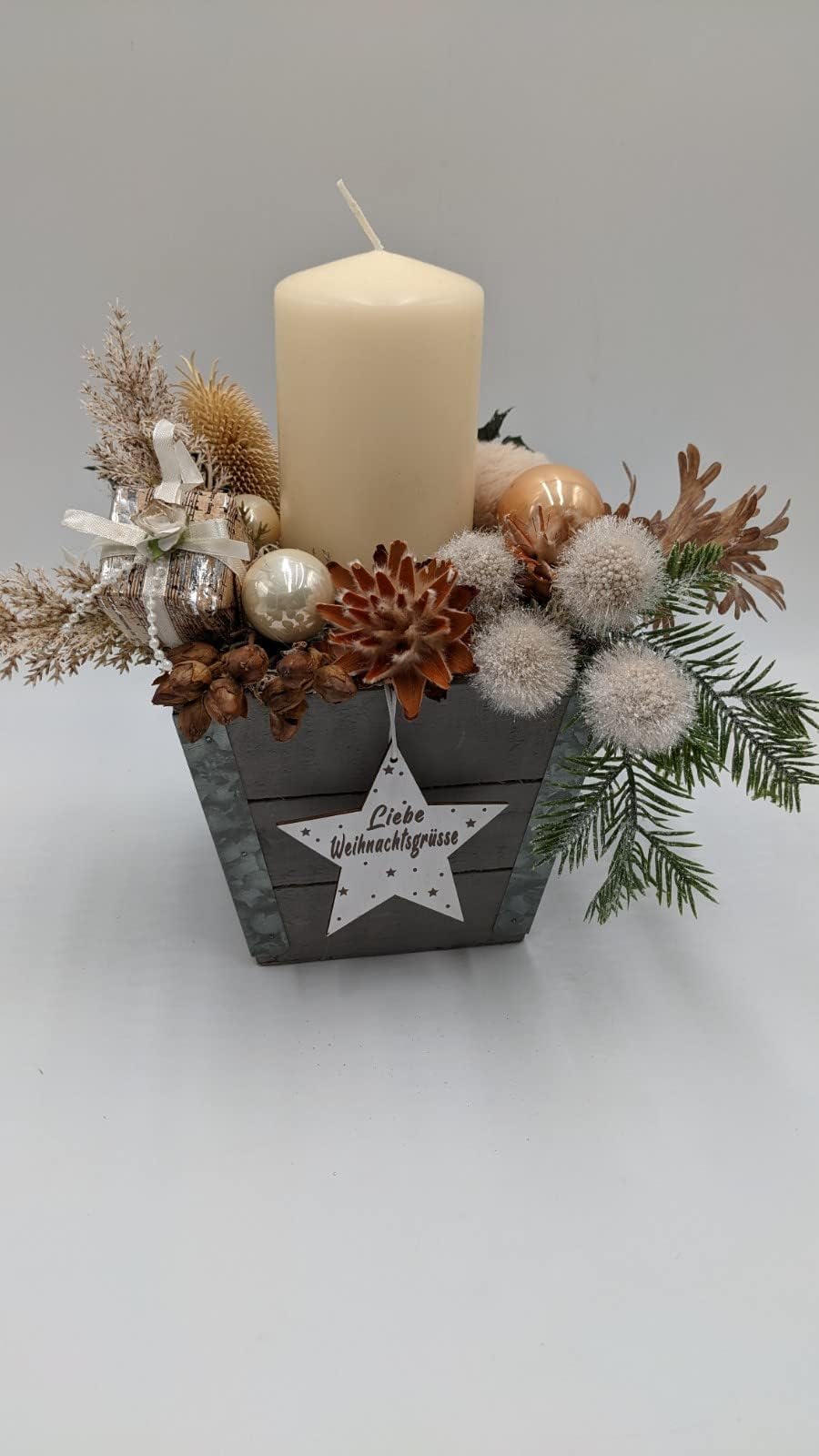 Wintergesteck Weihnachtsgesteck Tischgesteck Stern Kerze Creme grau