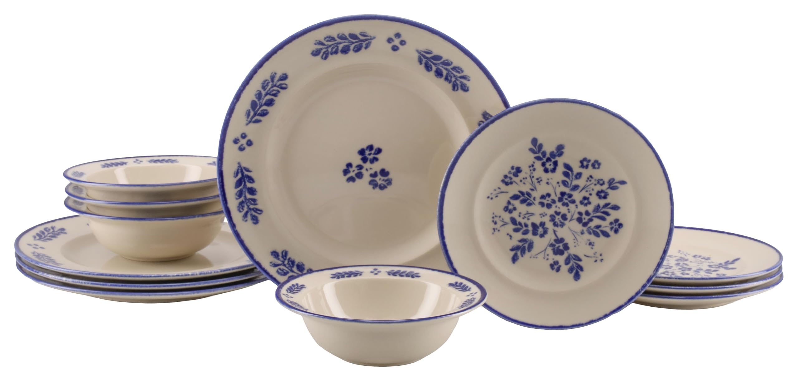 CreaTable, 25391, Serie Rondo Cottage Blue, 12-teiliges Geschirrset für 4 Personen, Tellerset aus Steinzeug, spülmaschinen- und mikrowellengeeignet, Made in Portugal