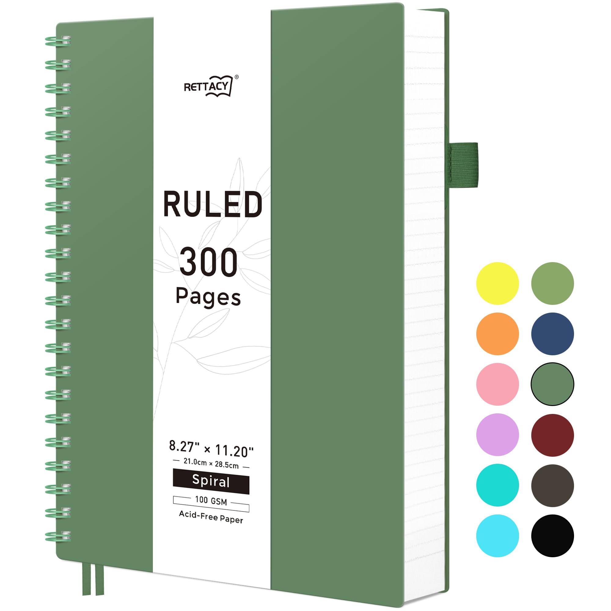 RETTACY A4 Notebook, Notepad, Wirebound Spiral Notebooks 300 pages/150 Sheets for Writing,100gsm College-Ruled Paper, Retro PVC Cover, for Women Men Work Office School,21.5 x 27.9cm - Dark green