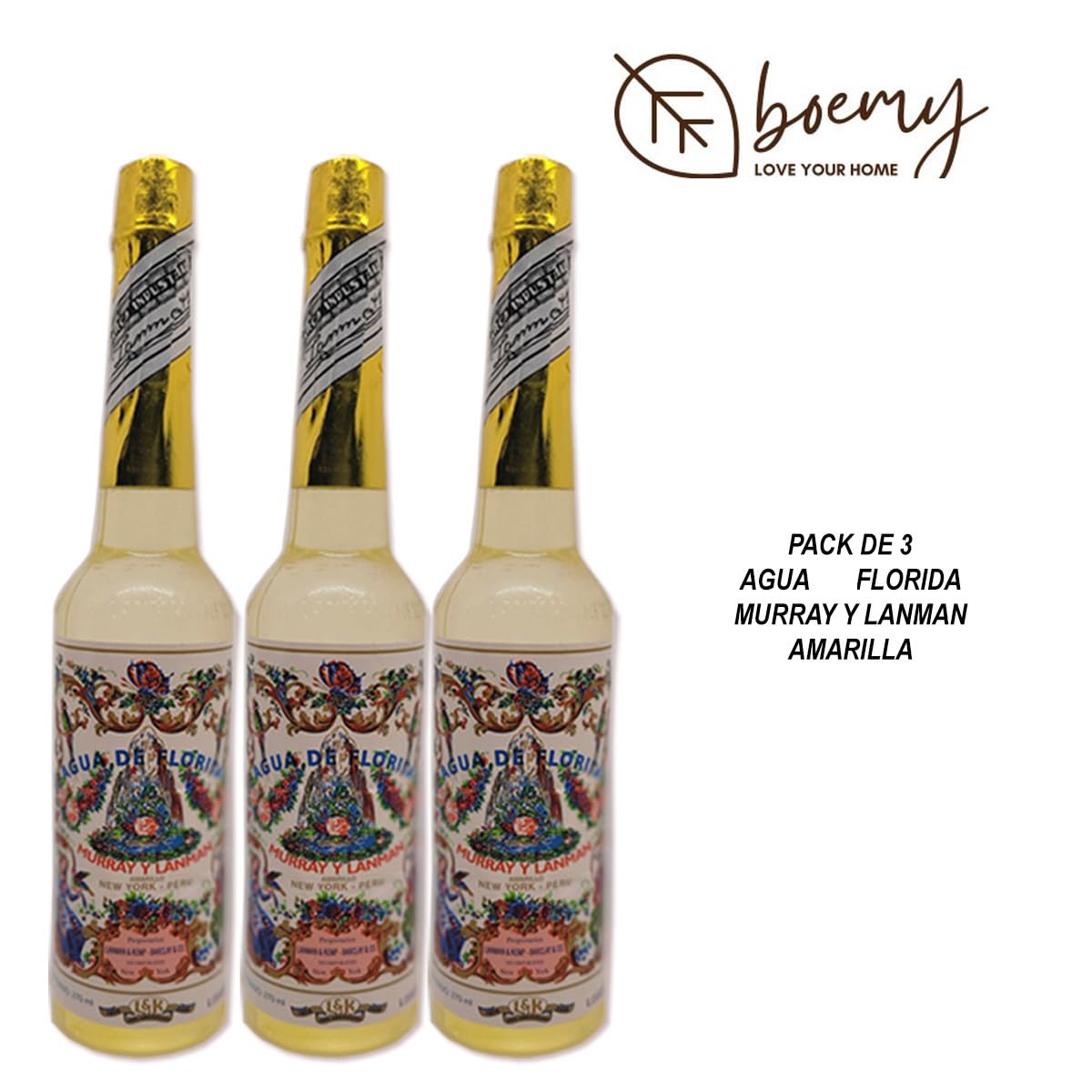 Paquete de tres Agua Florida - Pack de 3 Botellas Amarillas Tapón Blanco de 270 ml originales | Energía, Limpieza y Protección Espiritual | Agua espiritual limpiadora de chamanes