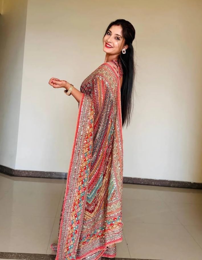 Image of Women's Chinon Silk Saree with Printed Design, Mirror Work & Zari Woven Detailing | Ethnic Wear Saree with Unstitched Blouse Piece | Traditional Festive & WeddingWear