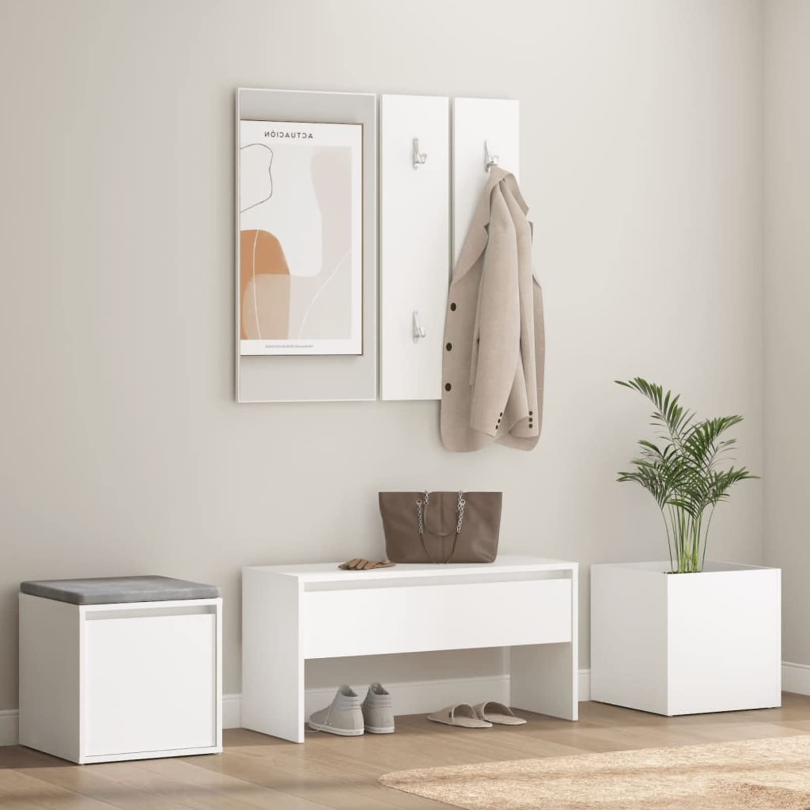 Banco de Entrada con Espejo y Perchero: Madera Contrachapada, Apto para 110 kg, Blanco, para Decoración y Almacenaje