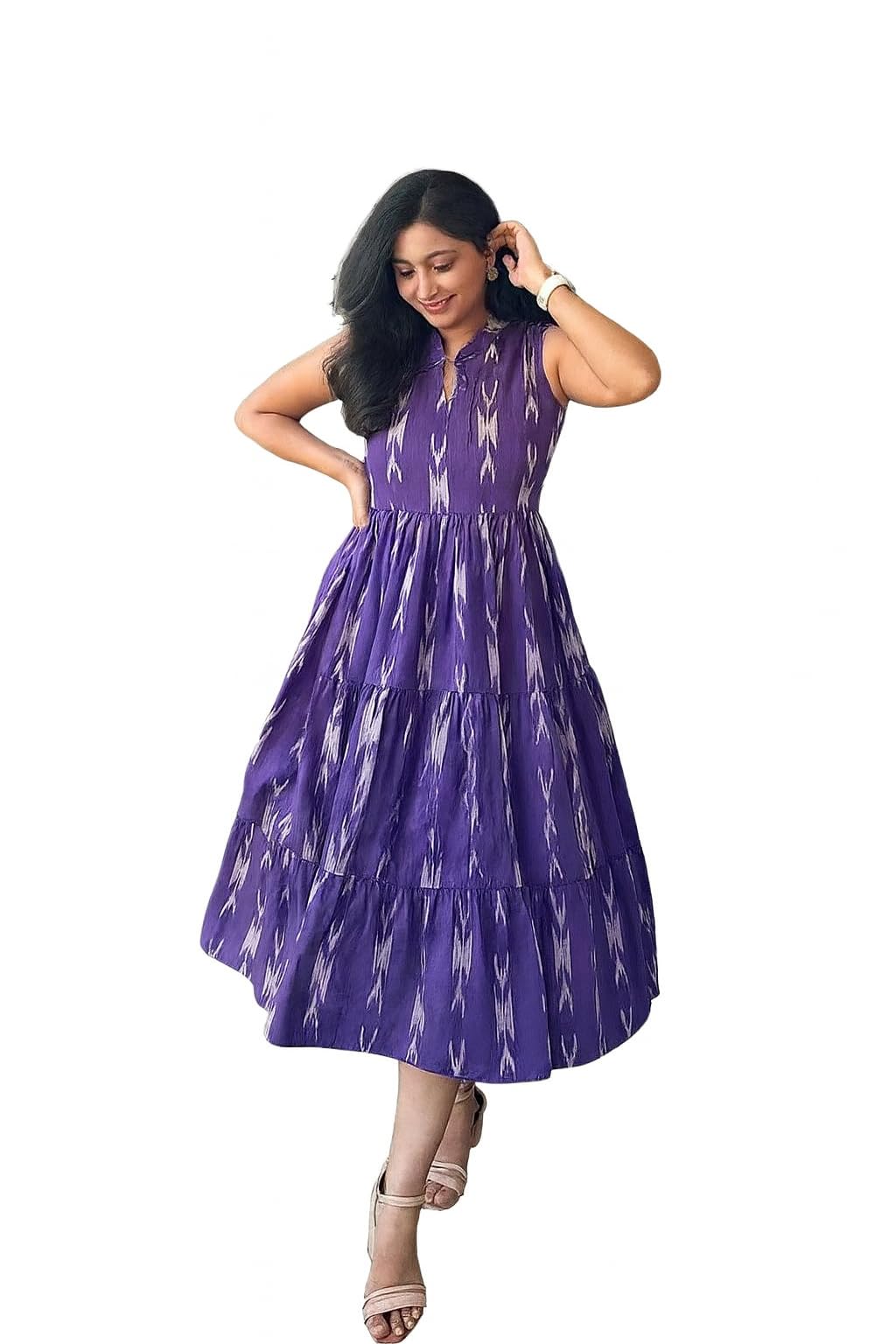Pink Ikat Cotton Maxi Dress, Sleeveless Tiered Summer Dress with Mandarin Collar, Casual Wear Ankle Length-picture-25
