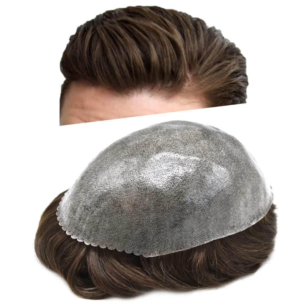 LYRICAL HAIR Toupee for Men Human Hair Replacement System Injected Poly Skin Male Prothesis Durable PU Mens Hairpiece Wig 7"X9" #3 Dark Brown