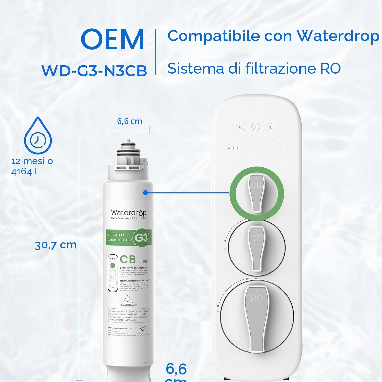 Waterdrop Filtro di Ricambio G3 per Sistema ad Osmosi Inversa 400GPD - Set con CF, CB e RO