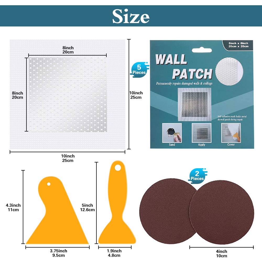 Parche de reparación de paneles de yeso de 20.3 cm por 20.3 cm, kit de reparación de parches de pared, adhesivo de malla de pared, parche de chapa de aluminio para techo seco (8 pulgadas, 5 piezas)