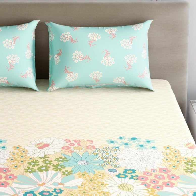 Image of Home Ecstasy 100% Cotton King Fitted Bedsheet with 2 Pillow Covers - (Size 72 x 78 inches, 140 TC, Colour - Mint)