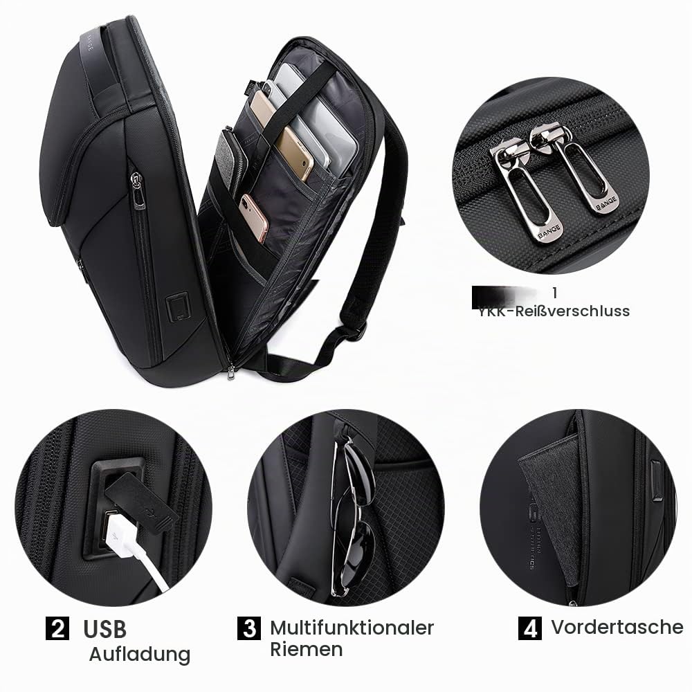 BANGE Business-Smart-Rucksack, wasserdicht, 39,6 cm (15,6 Zoll), Laptop-Rucksack mit USB-Ladeanschluss, langlebiger Reise-Rucksack schwarz
