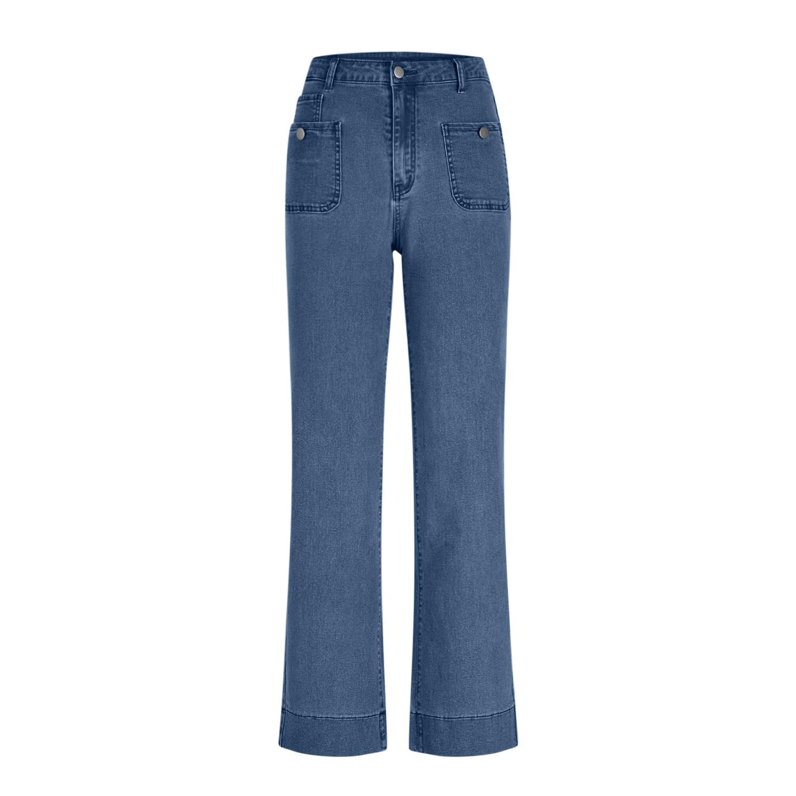 Jeans extra lunghi, da donna, a vita alta, a gamba larga, in denim, con bottoni, con tasche, stile retrò, vestibilità comoda, per il tempo libero, da donna