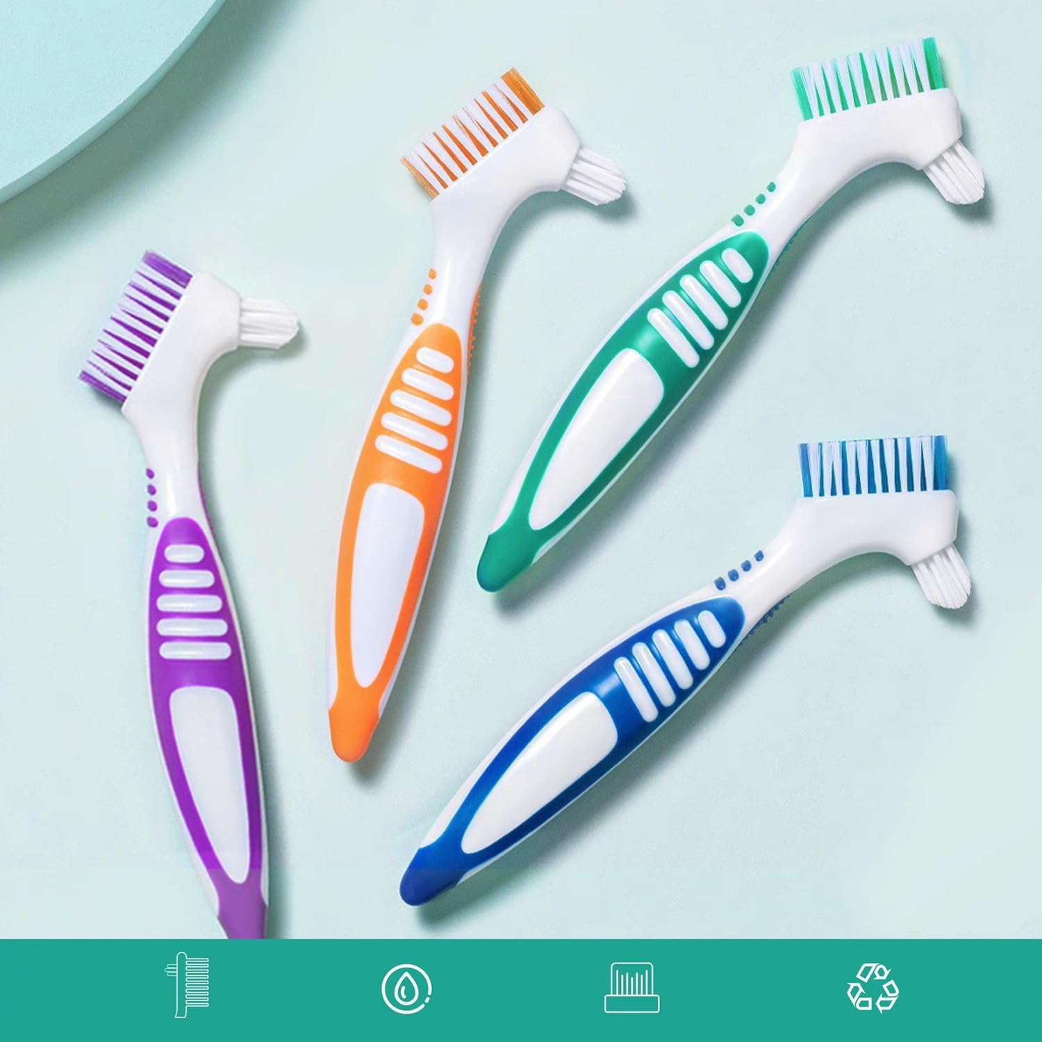 New Blessing 2 Pack Denture Brushes, Double-Sided Cleaning Brushes for False Teeth, Non-Slip Handle Dental Appliance Cleaner (2 Colors)