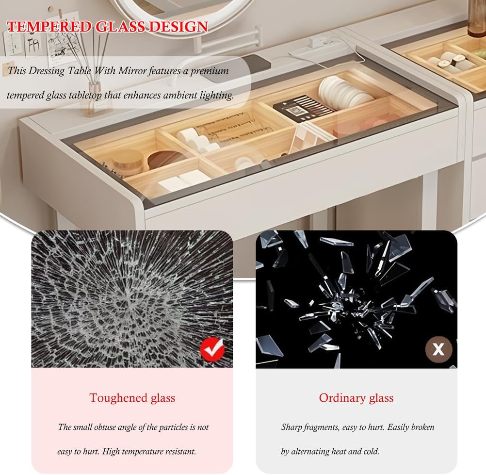 Glass Top Vanity Dressing Table, Desk with Mirror and Drawers Wood, Makeup Table Chair Modern for Bedroom As A, White