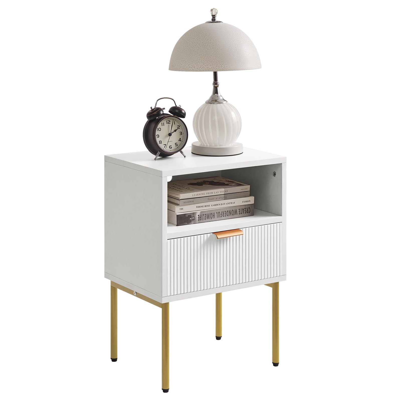 IBUYKE Mesita de noche, mesita de noche moderna de mediados de siglo con cajón de almacenamiento, pequeña mesita de noche blanca, mesa auxiliar con marco dorado para dormitorio, sala de estar, color